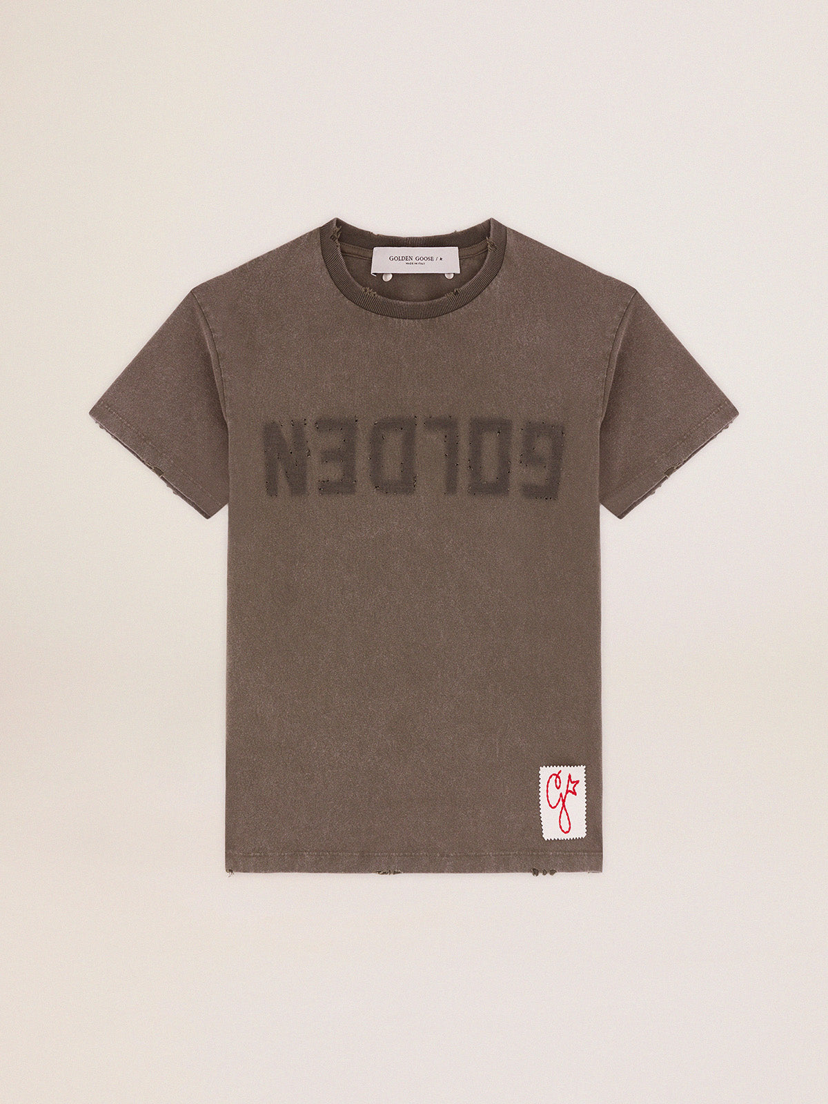 Olive-green regular-fit T-shirt with Golden lettering on the front| Golden Goose