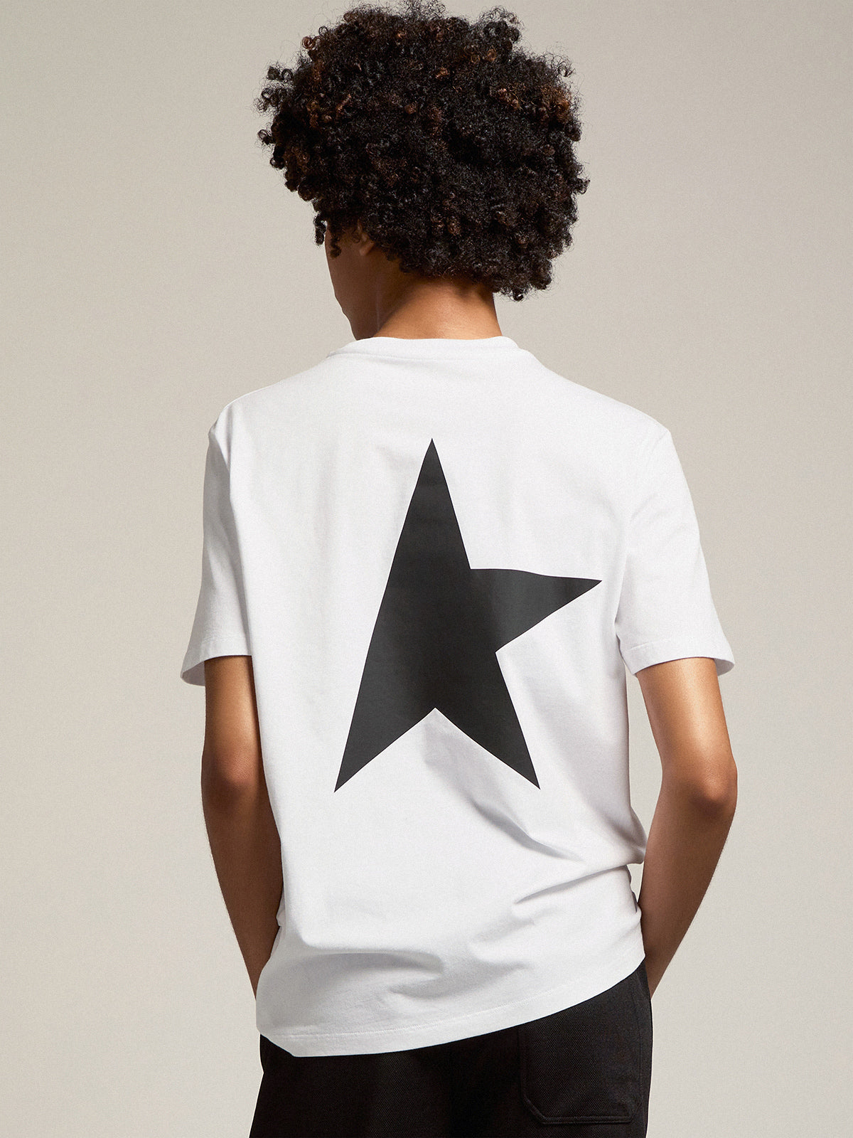 Women's white T-shirt with contrasting black logo and star| Golden Goose
