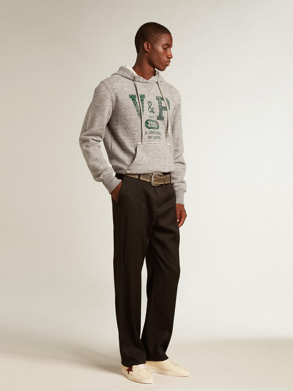 Gray hooded sweatshirt with front pocket| Golden Goose