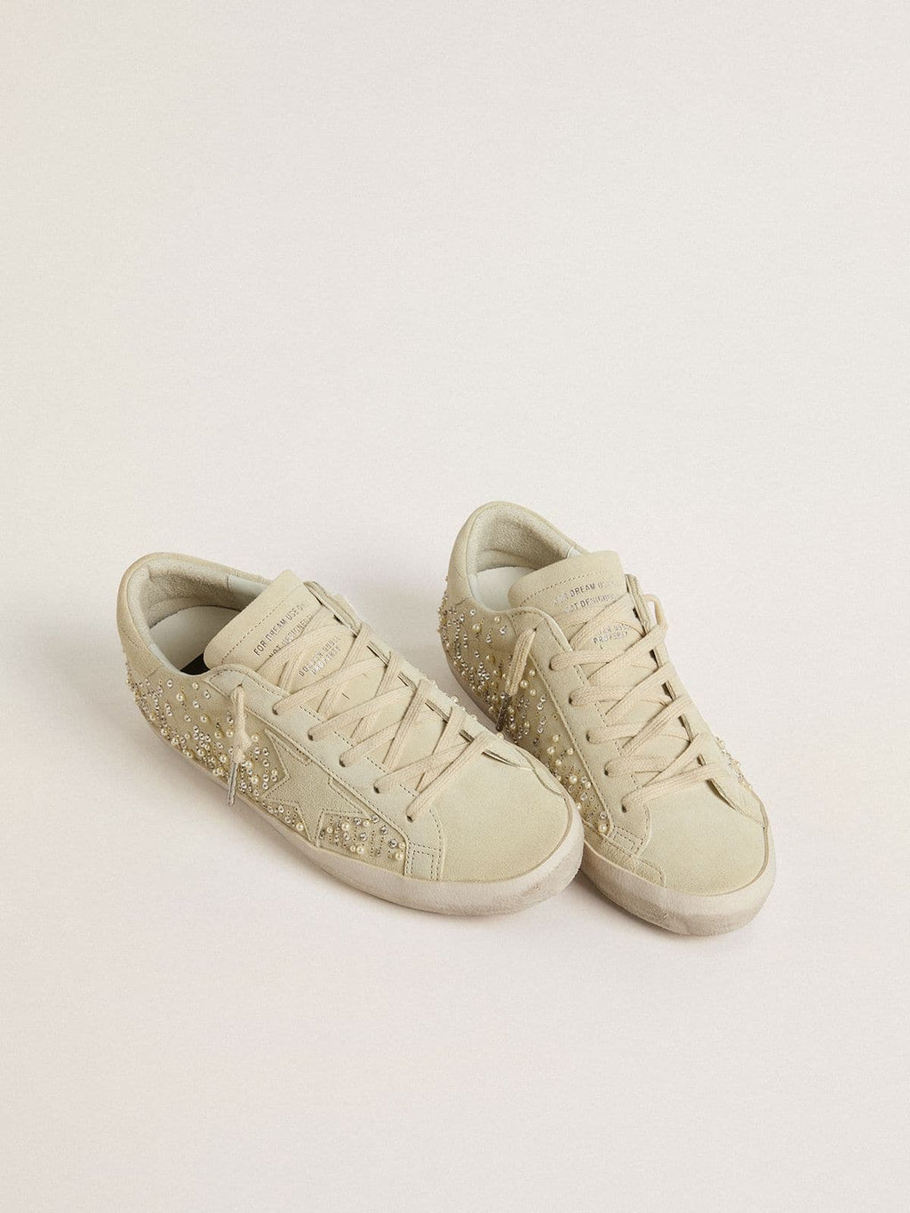 Women's Super-Star in beige suede with pearls and Swarovski crystals| Golden Goose