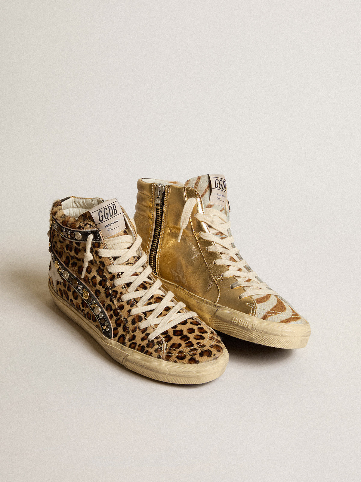 Women's Slide LAB in animal-print pony skin with studded leather flash| Golden Goose