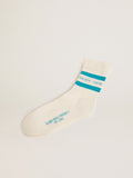 Distressed-finish white socks with turquoise logo and stripes| Golden Goose