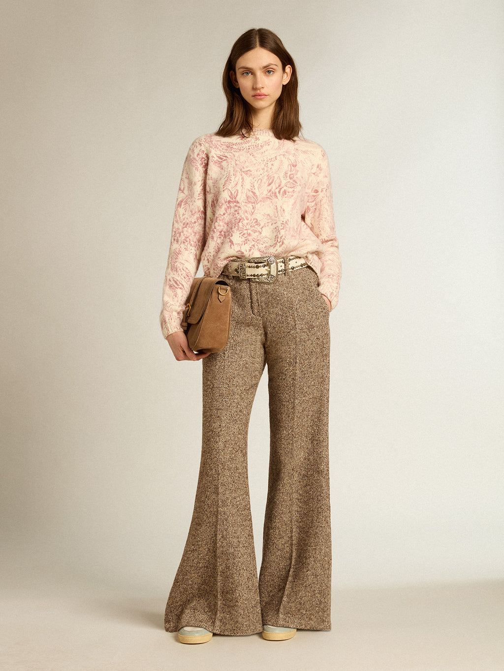 Women's pants in beige and brown wool and silk blend fabric| Golden Goose
