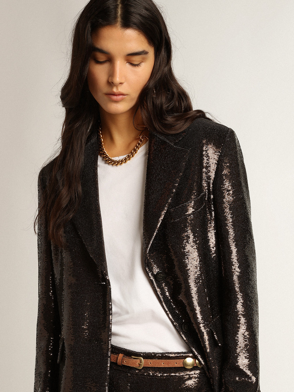 Gray single-breasted blazer with all-over sequins| Golden Goose