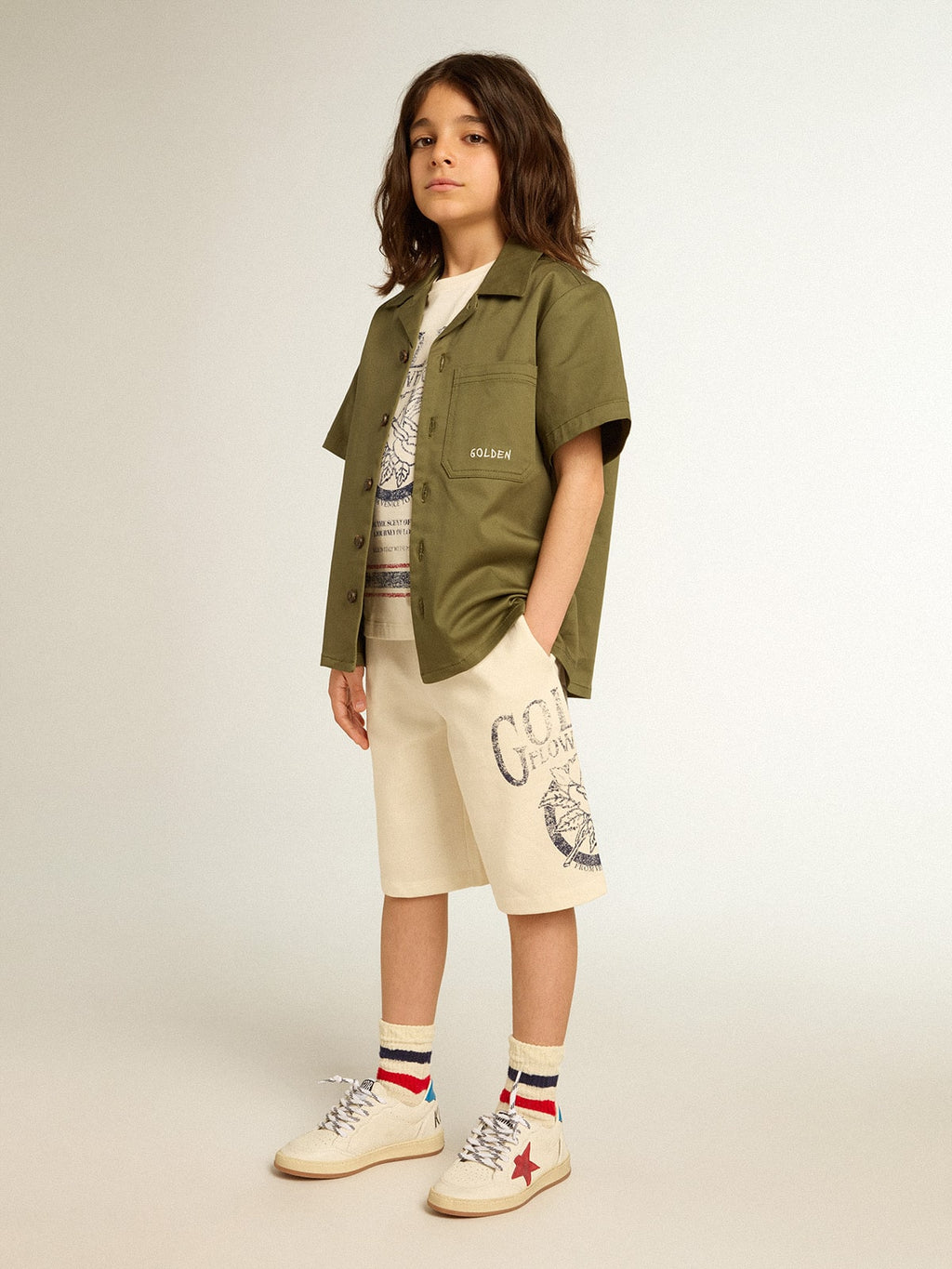 Cotton T-shirt in aged white with faded print at the center| Golden Goose