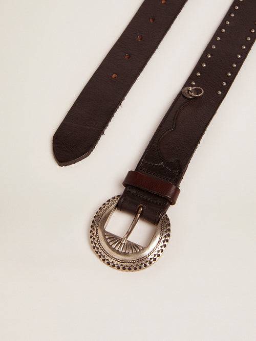 Black Ranch belt in washed leather with silver color studs| Golden Goose