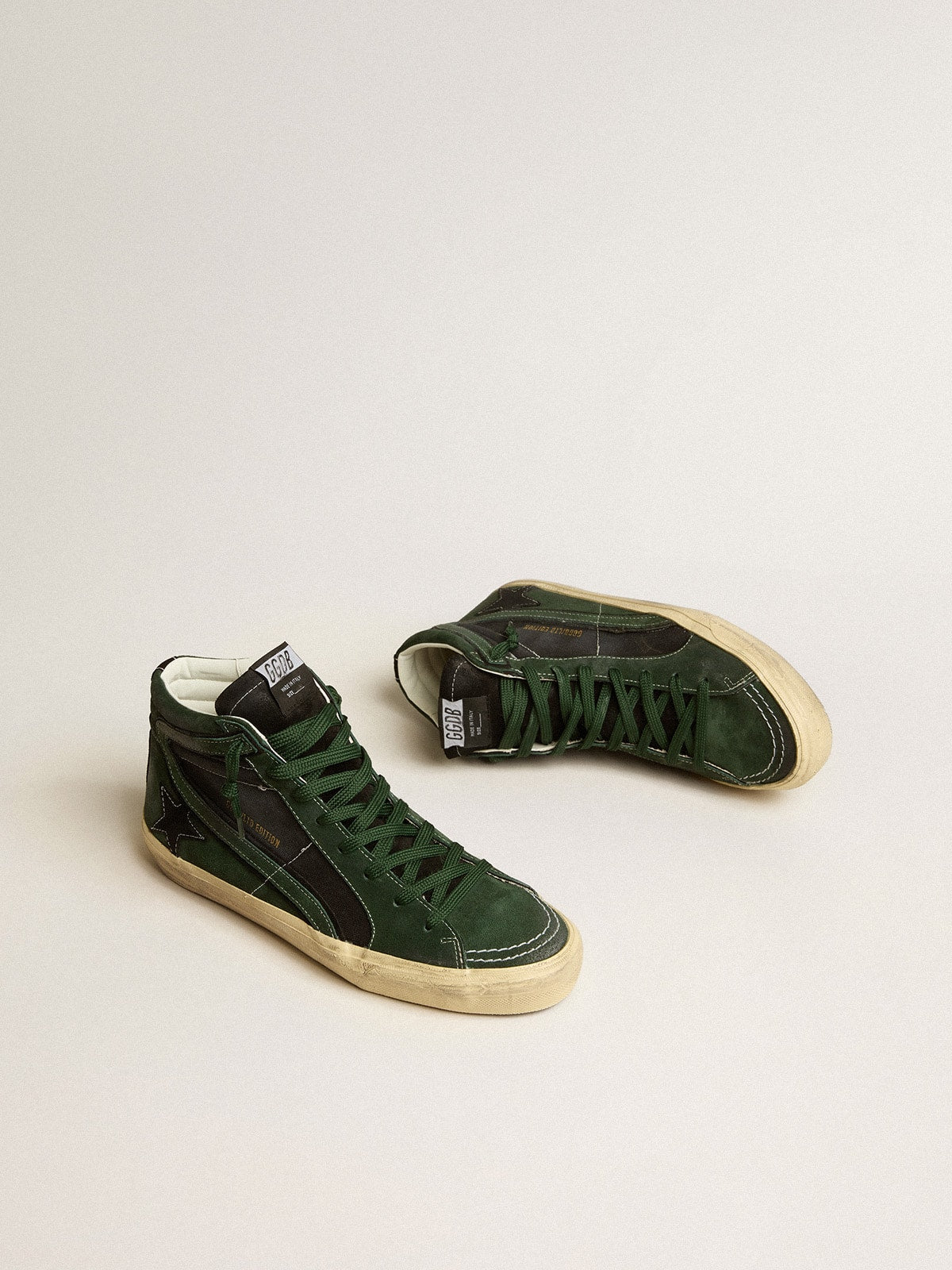 Slide LTD in green suede and black canvas with suede star and flash| Golden Goose