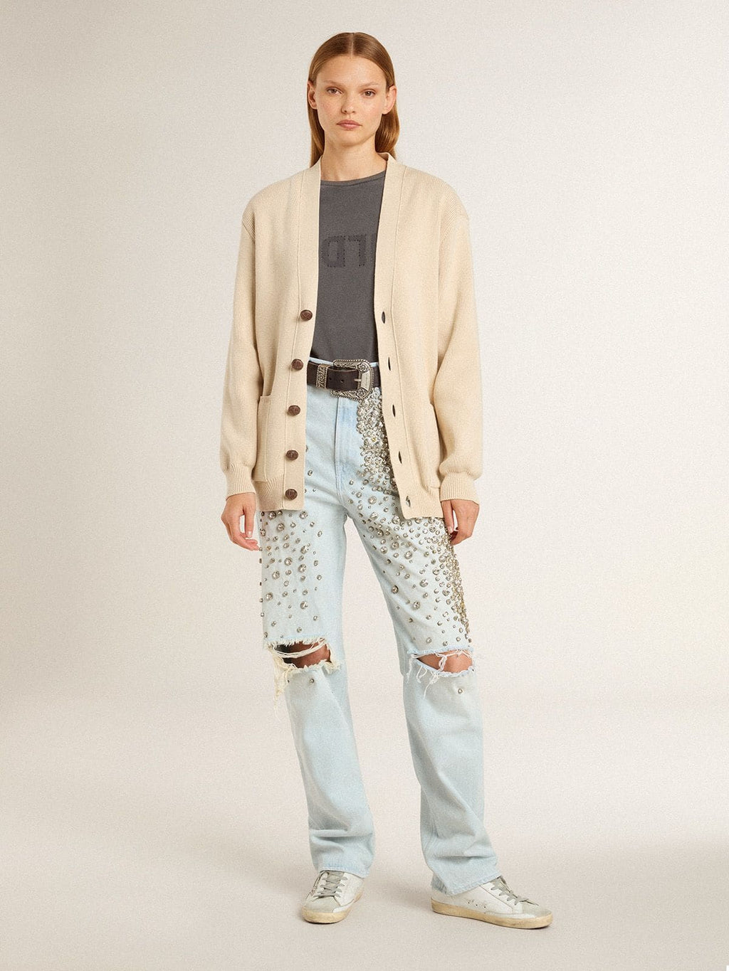 Super-Star Sabot with a platinum glitter star and suede tongue| Golden Goose