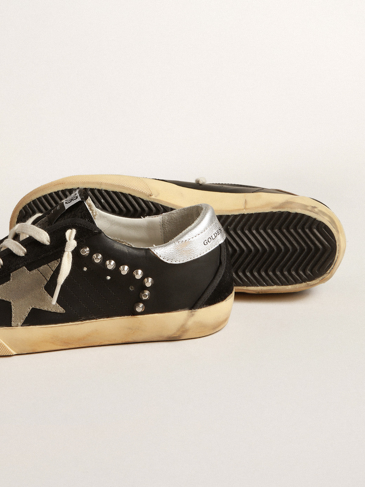 Men's Super-Star in black leather and suede with silver studs| Golden Goose