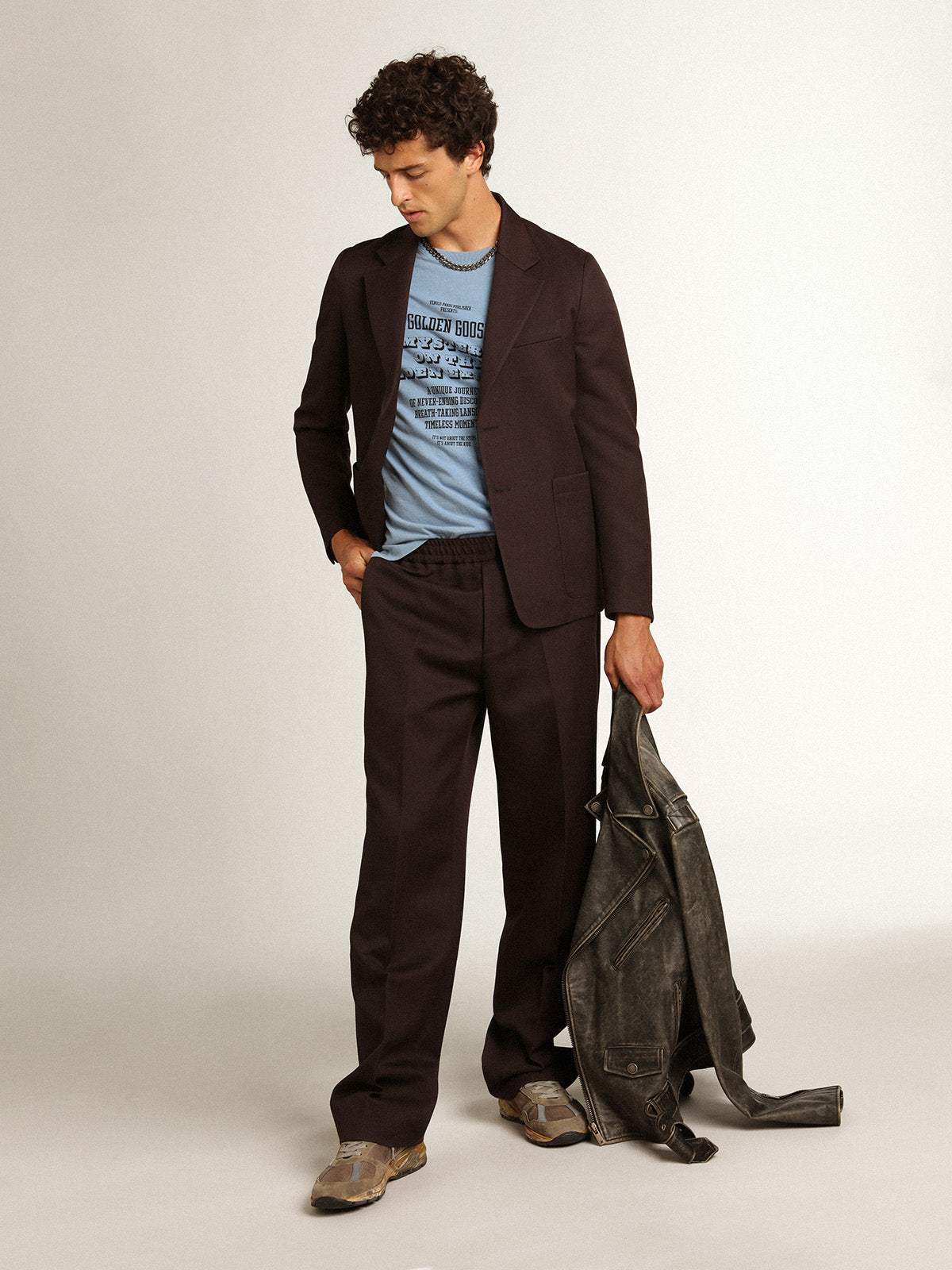 Men's single-breasted blazer in licorice wool gabardine| Golden Goose