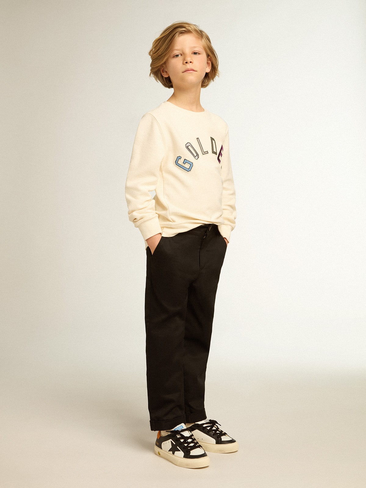Sweatshirt in aged white with multicolor Golden lettering on the front| Golden Goose