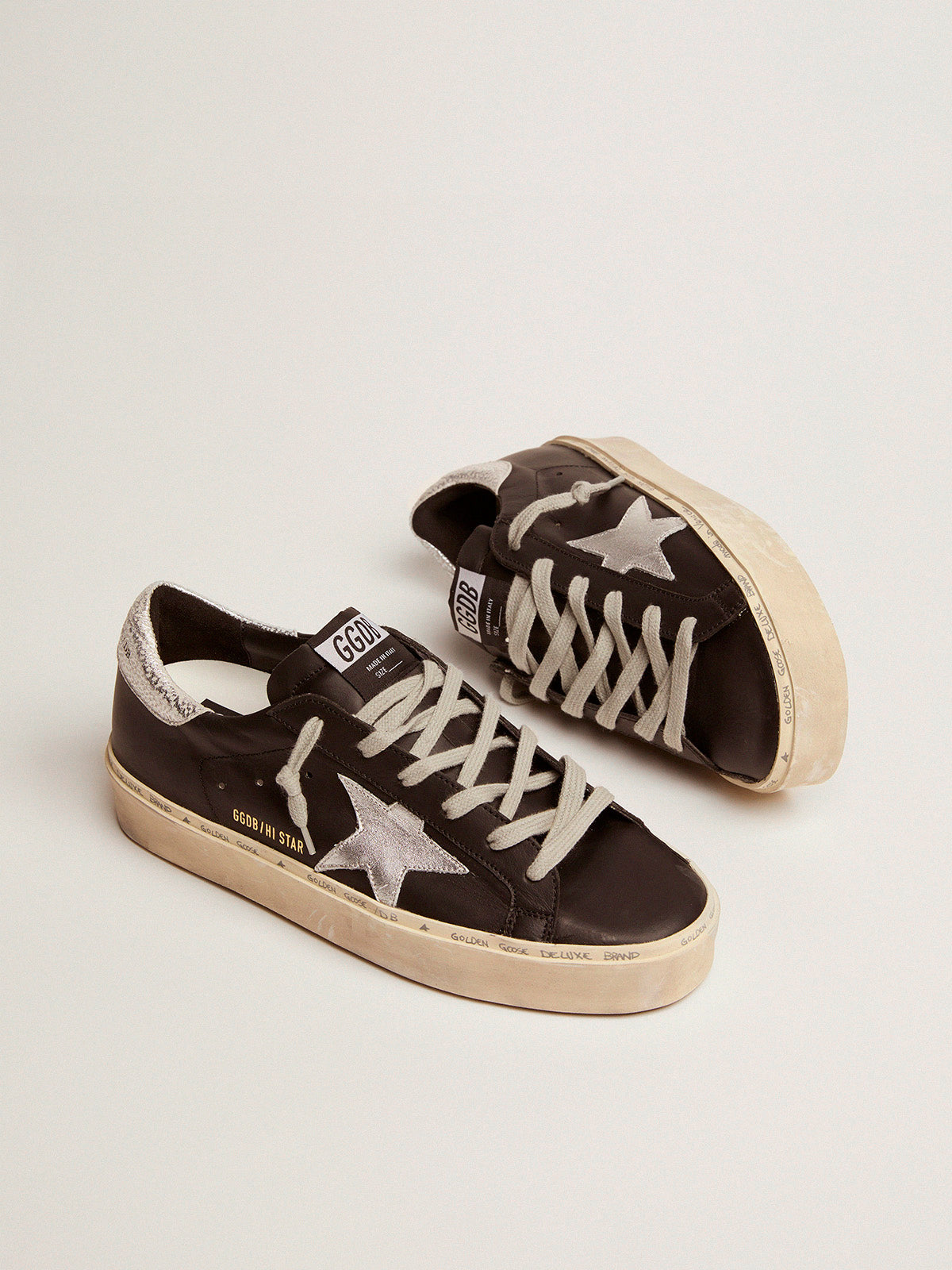 Women's Hi Star in black leather with silver laminated leather star| Golden Goose