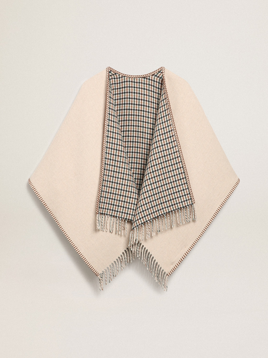 Poncho in double face cream-colored wool with check pattern and lettering| Golden Goose