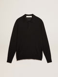 Men's long-sleeved polo shirt in black merino wool| Golden Goose