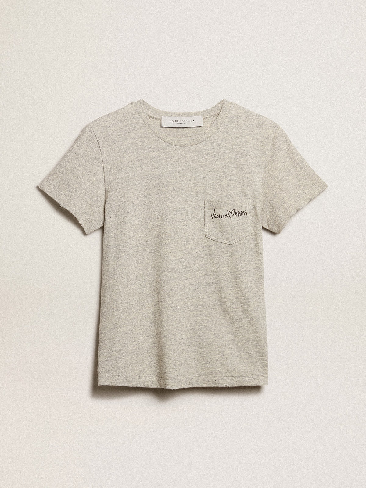 Women's gray melange cotton T-shirt with embroidered lettering| Golden Goose