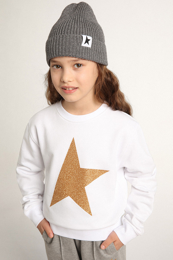Girls' white sweatshirt with gold maxi star on the front| Golden Goose