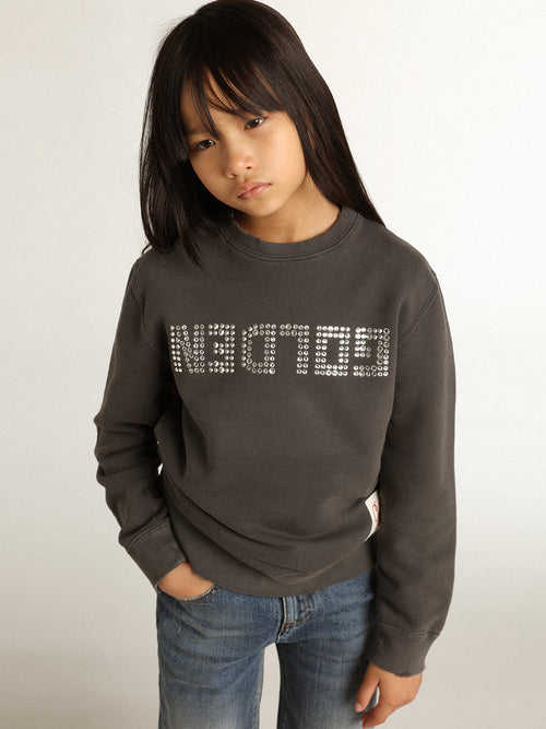 Distressed gray sweatshirt with crystal lettering| Golden Goose