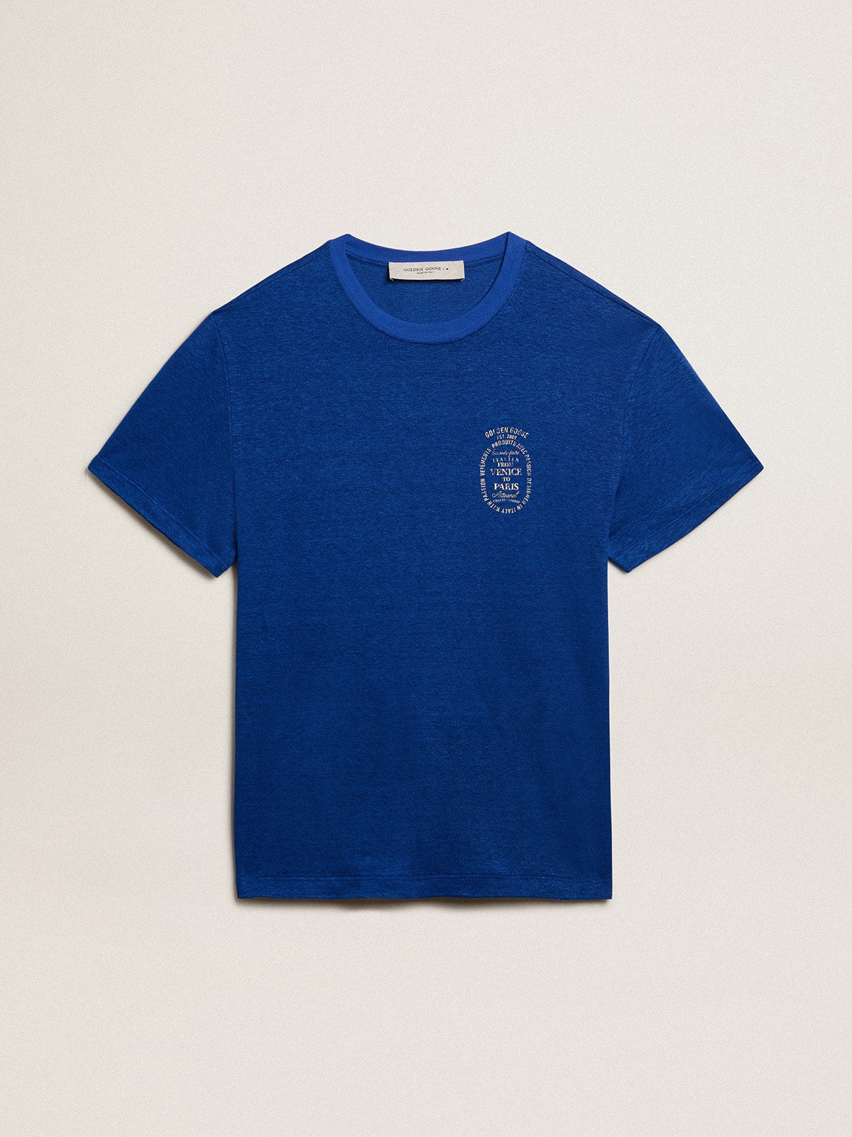 Men's blue-colored linen T-shirt with print on the chest| Golden Goose