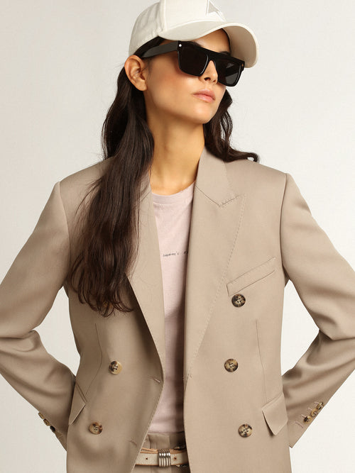 Double-breasted blazer in light beige wool gabardine| Golden Goose