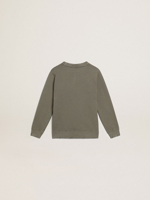 Distressed olive-green sweatshirt with Golden lettering on the front| Golden Goose