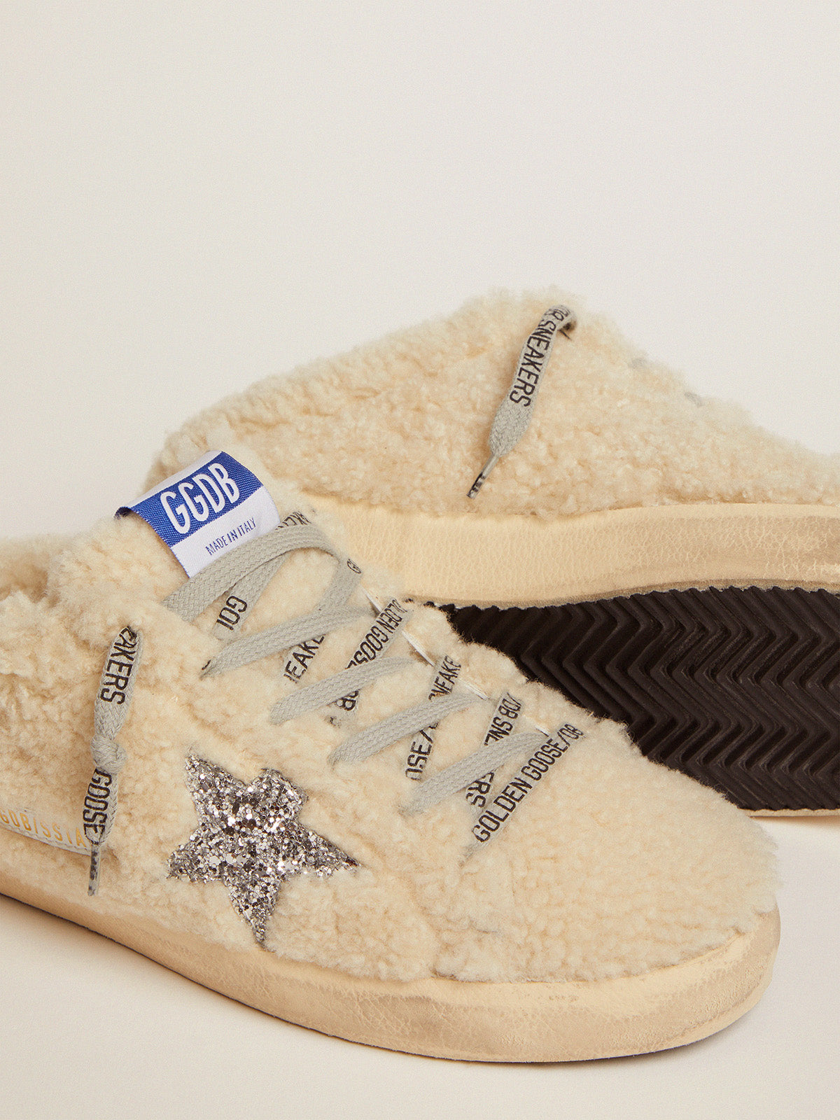 Women's Super-Star Sabot in white shearling and glitter star| Golden Goose