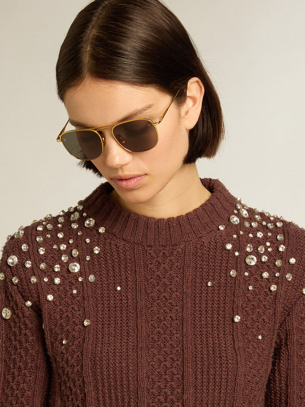 Cropped sweater in burgundy wool with crystals| Golden Goose