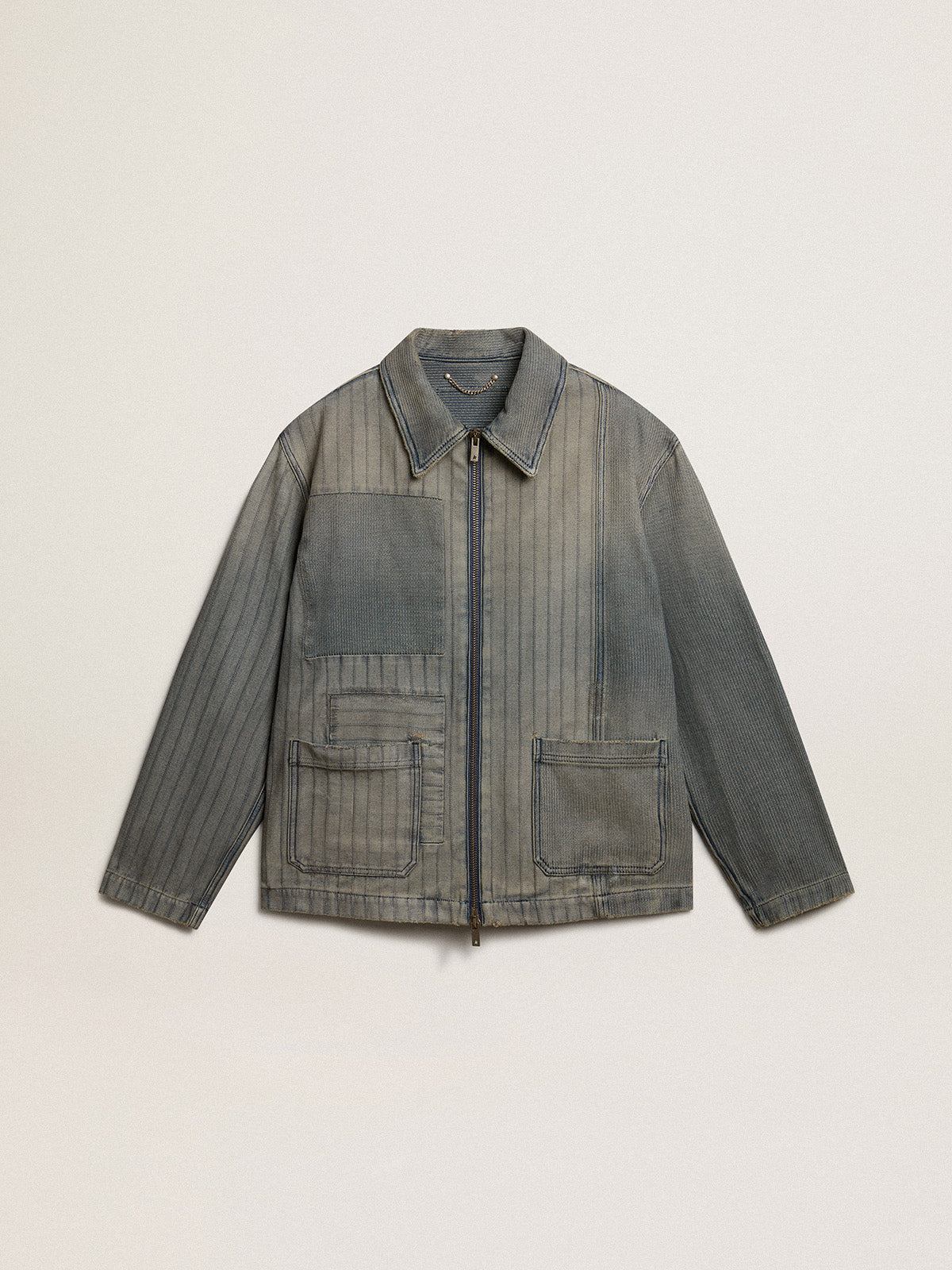 Men's denim jacket with stripes and patches on the front| Golden Goose