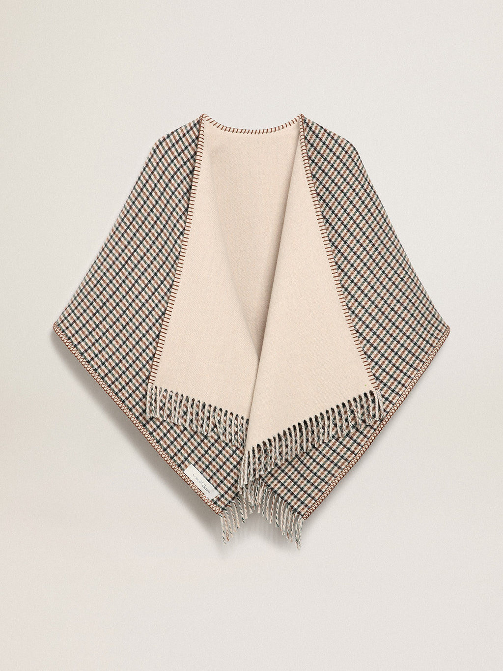 Poncho in double face cream-colored wool with check pattern and lettering| Golden Goose