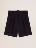 Women's shorts in black wool gabardine with waist belt| Golden Goose