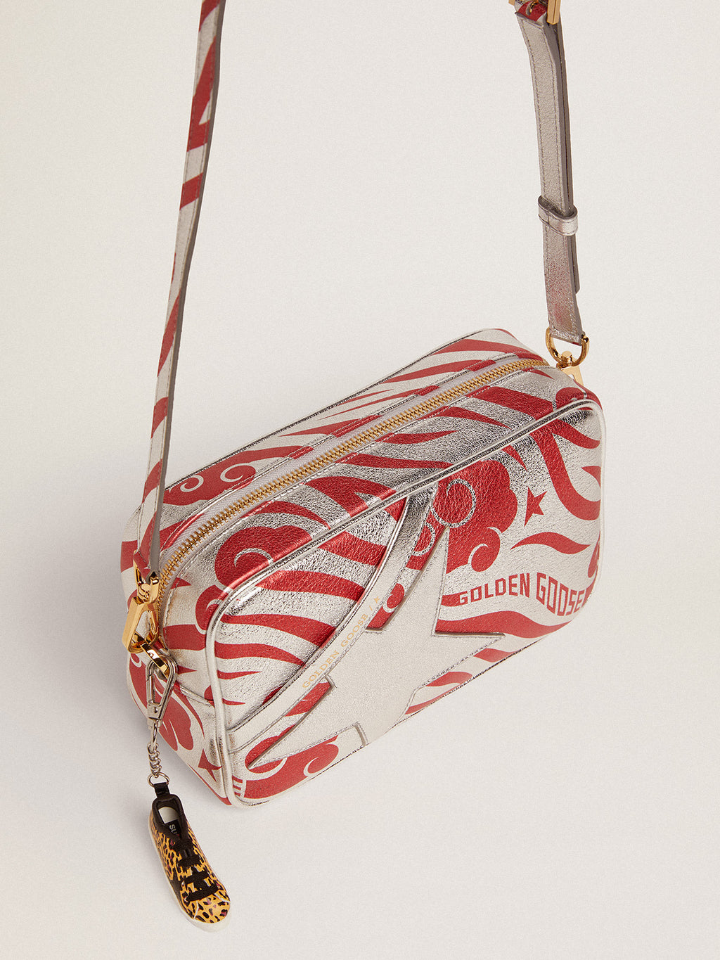 Women's Star Bag in silver leather with star and tiger-striped CNY| Golden Goose