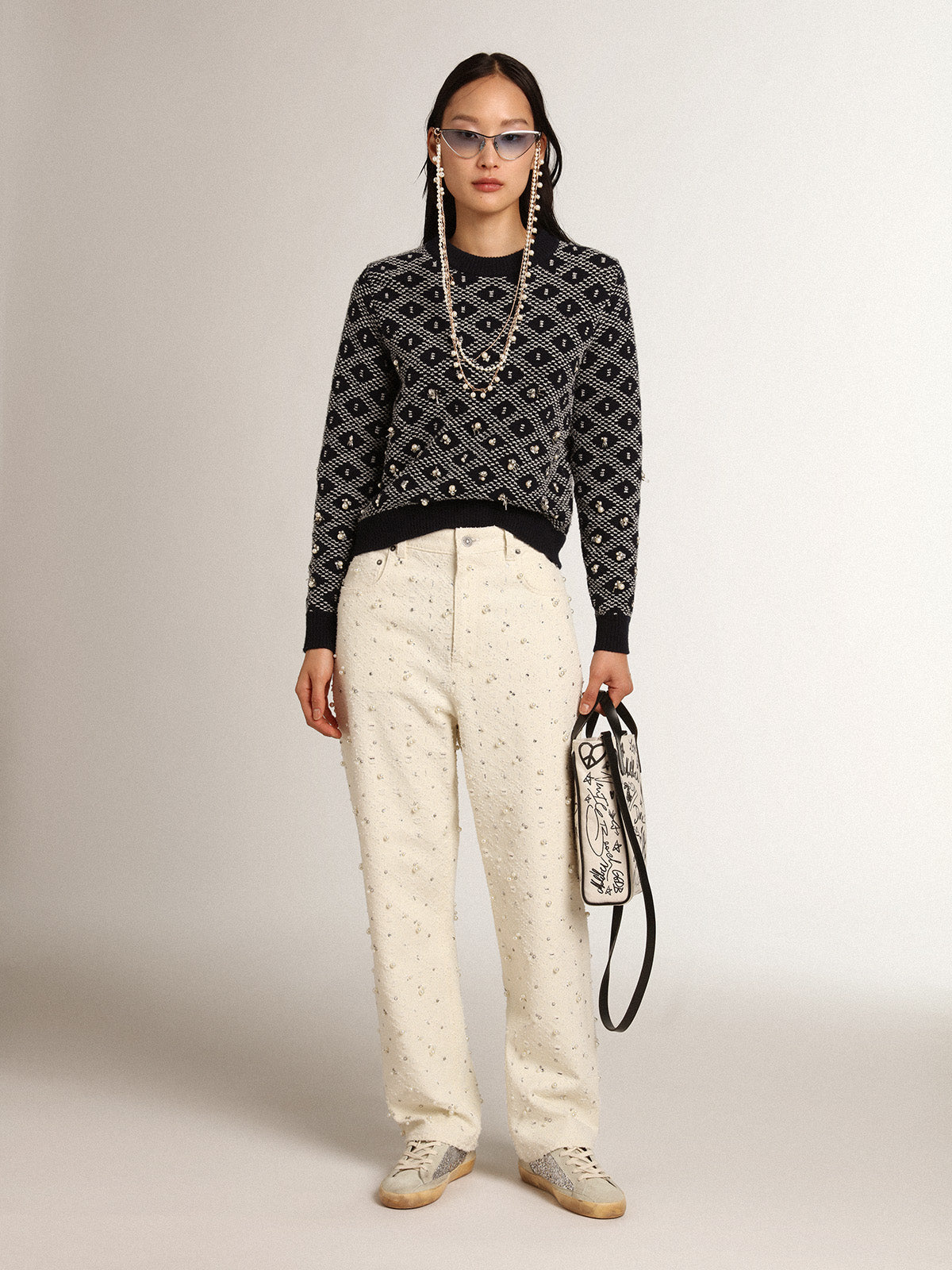 Women's round-neck sweater with white and blue geometric motifs| Golden Goose