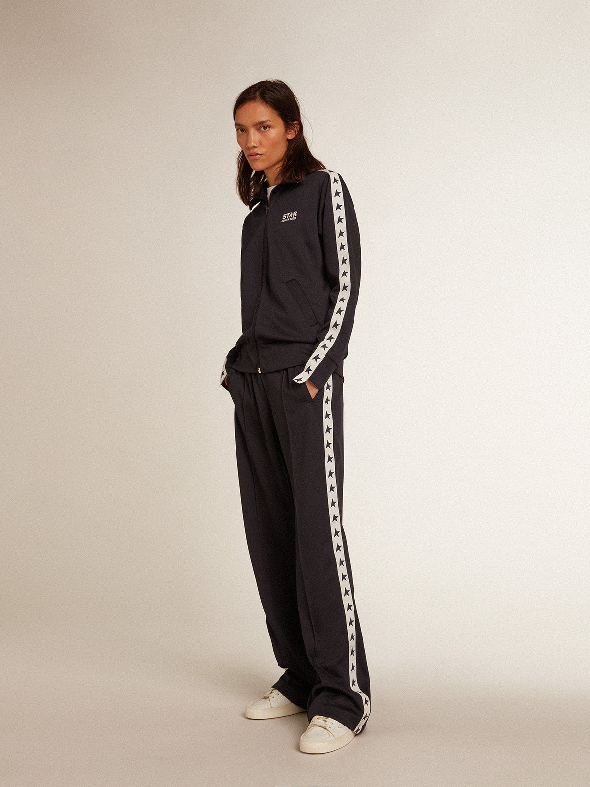 Dark blue joggers with white strip and contrasting stars| Golden Goose