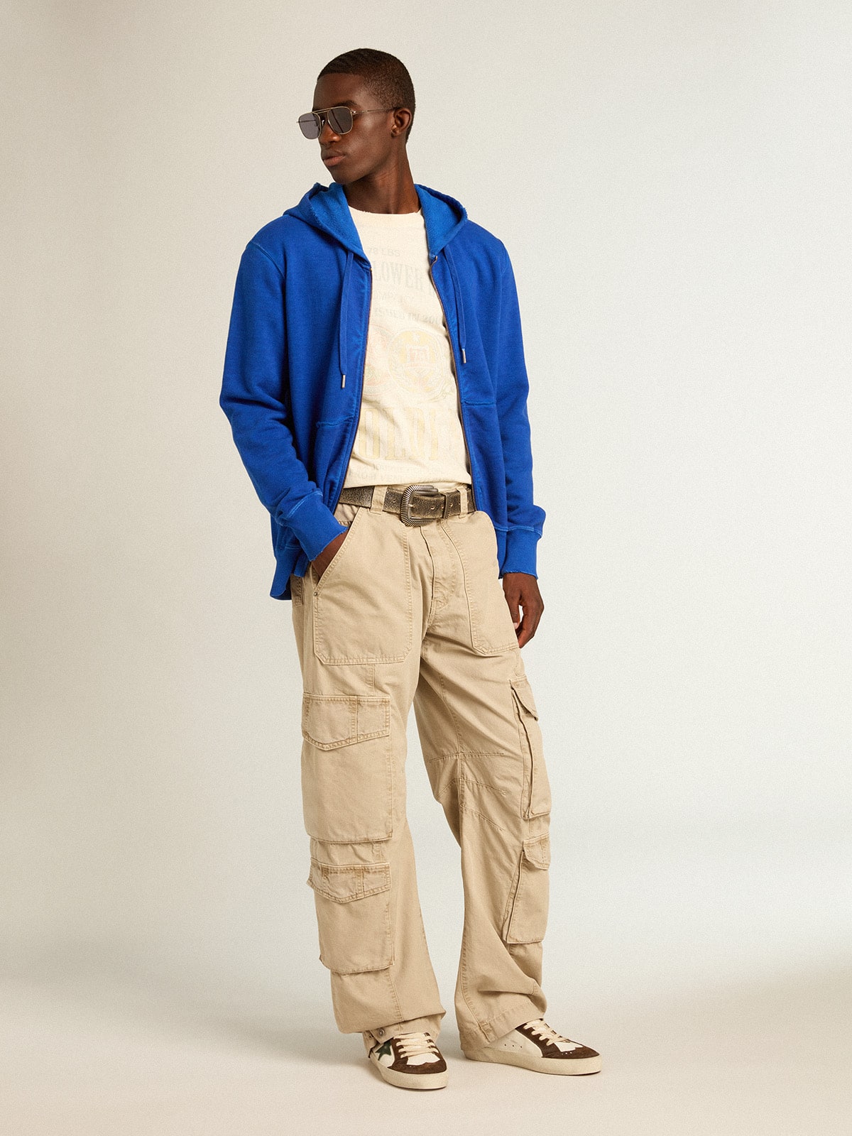Men's aged white cotton T-shirt with print on the front| Golden Goose