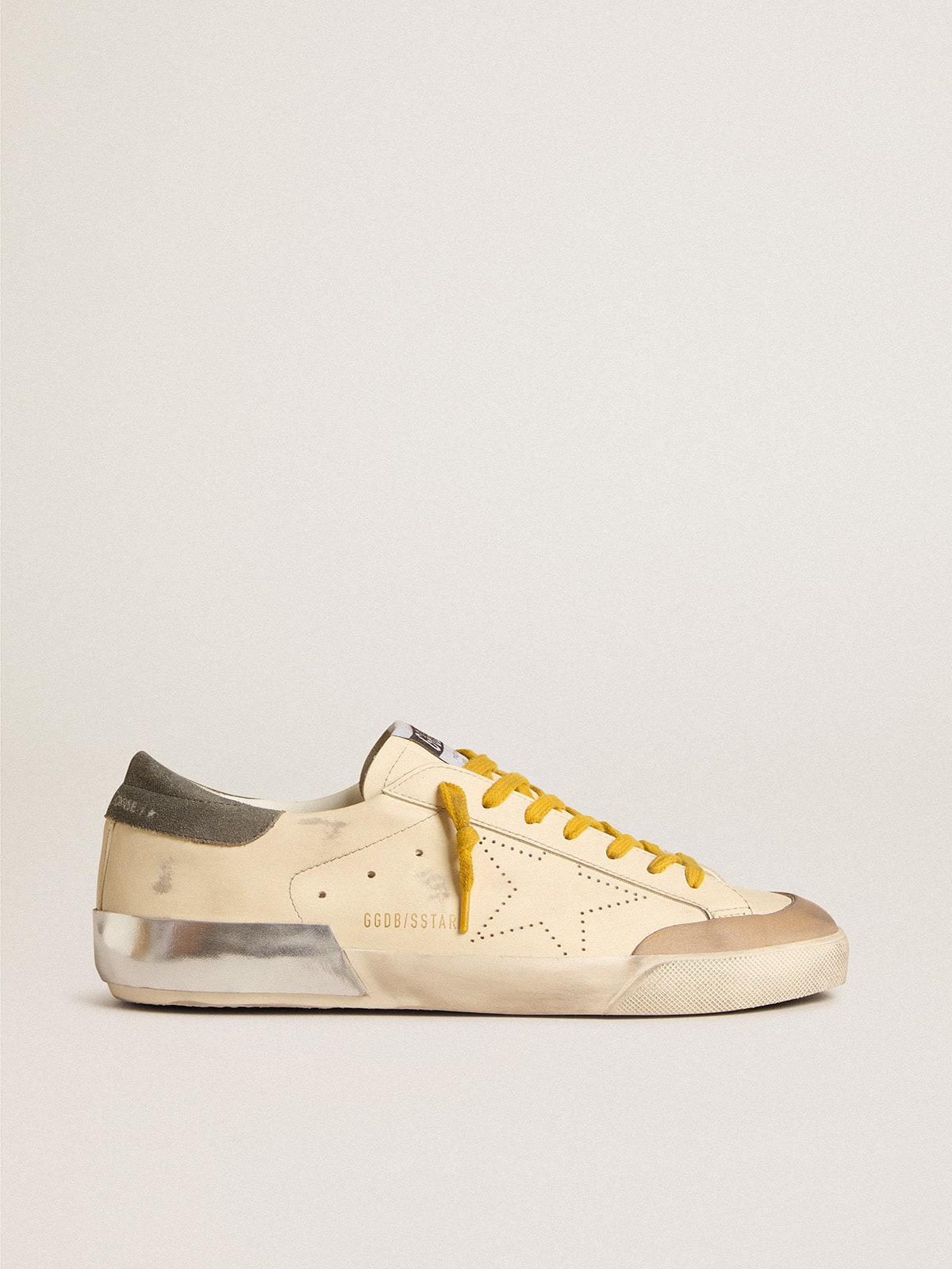 Super-Star in leather with perforated star and gray suede heel tab| Golden Goose