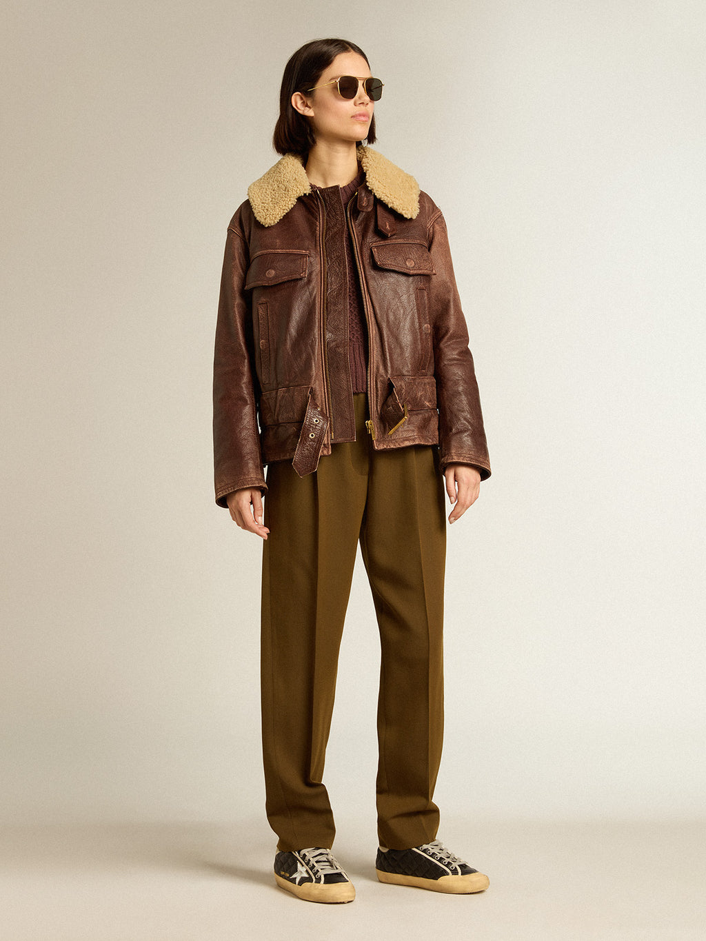 Wood-colored jacket with detachable shearling collar| Golden Goose
