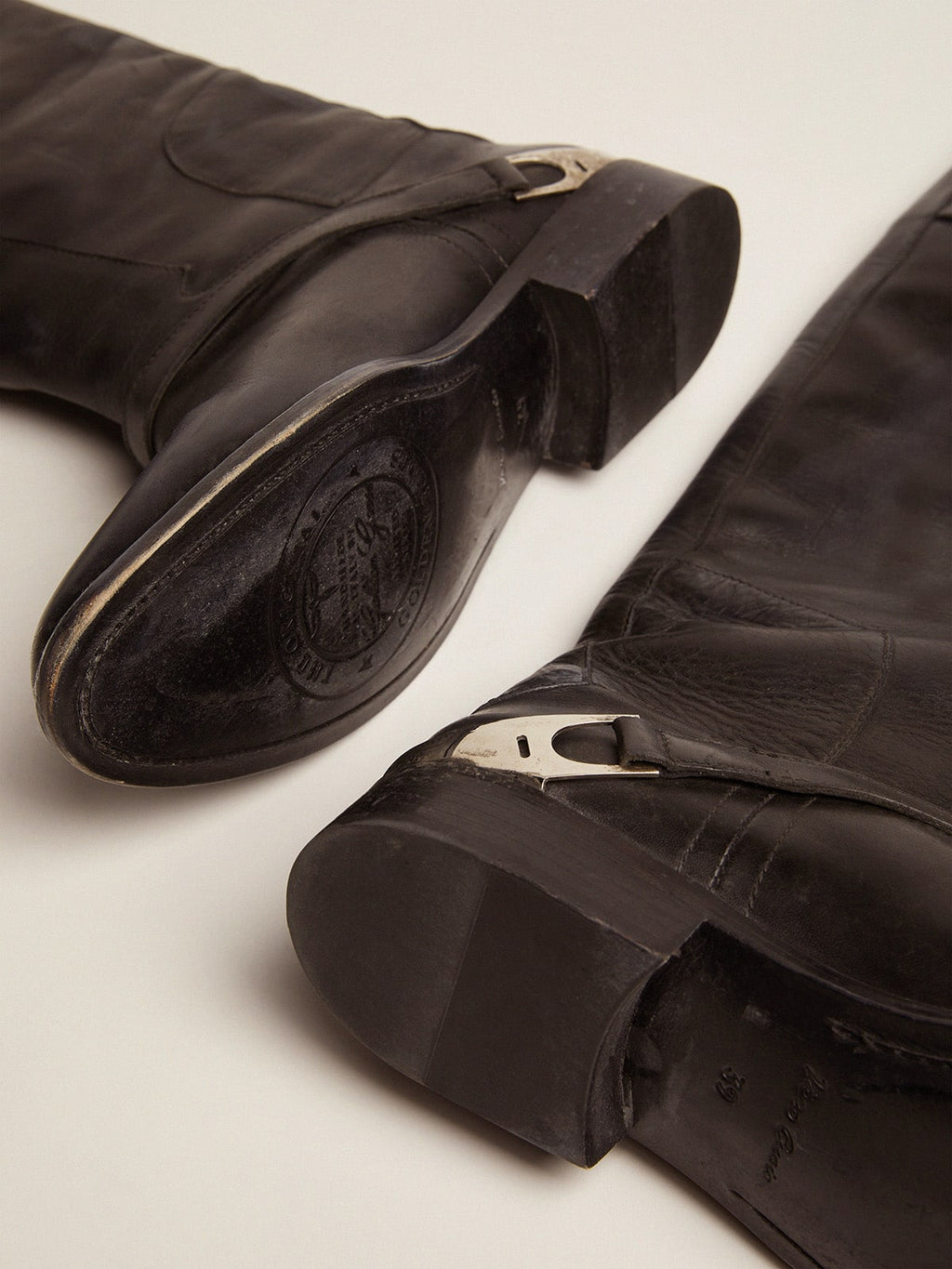 Women's black leather boots with clamp on the heel| Golden Goose