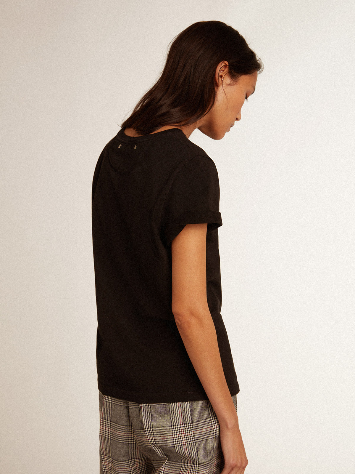 Women's slim-fit distressed T-shirt in black| Golden Goose