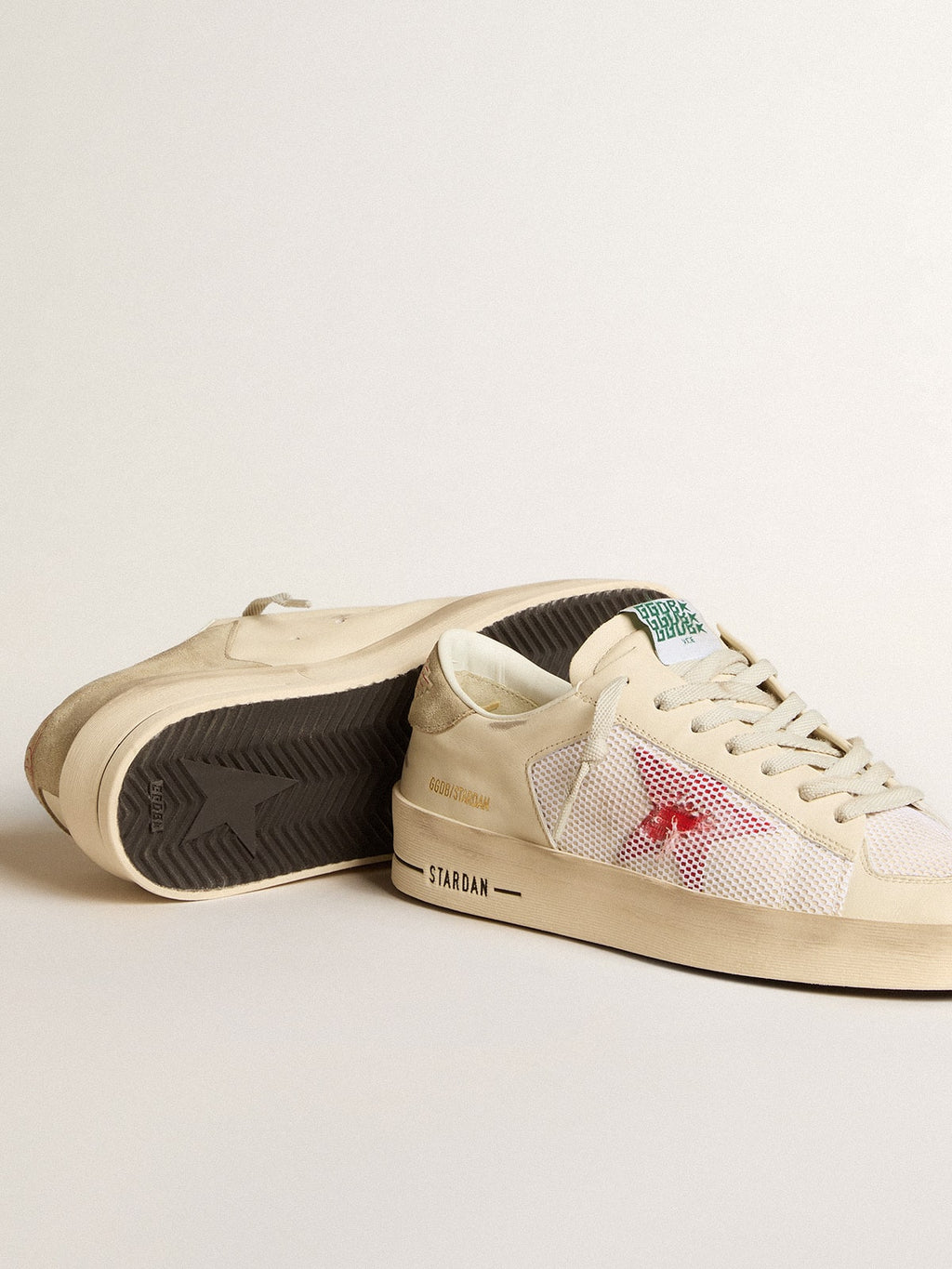 Men's Stardan in white leather and mesh with red star and sand-colored heel tab| Golden Goose