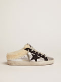 Women's Super-Star Sabot in silver laminated leather with black star| Golden Goose