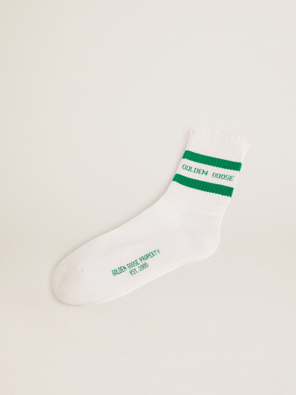Cotton socks with distressed finishes, green stripes and logo| Golden Goose