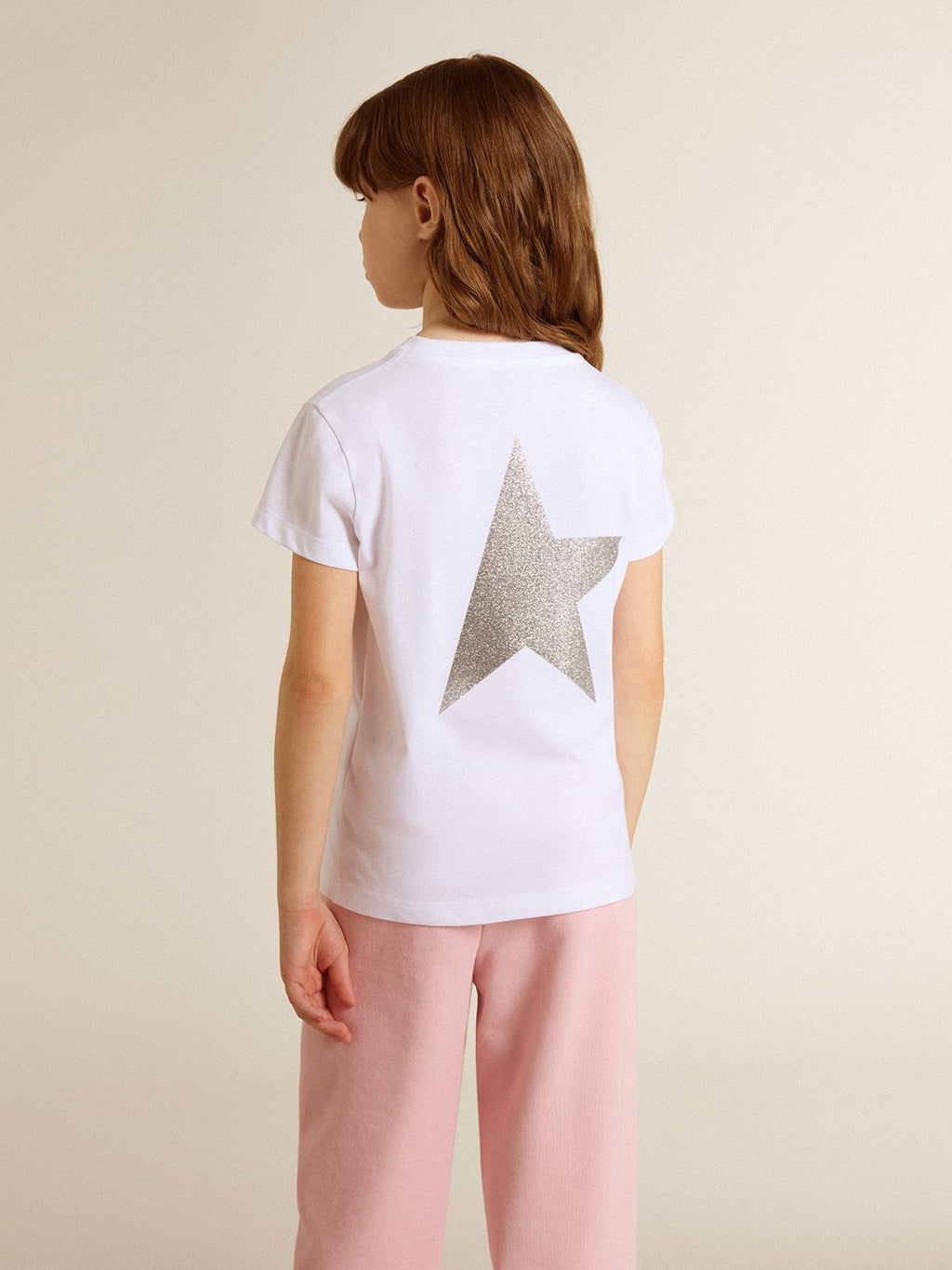 White and silver T-shirt with logo and maxi star in silver glitter| Golden Goose