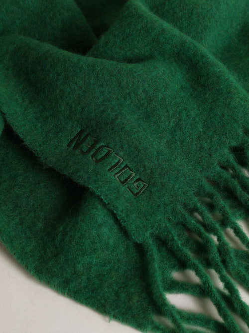 Dark green wool scarf with fringe and 'Golden' lettering| Golden Goose
