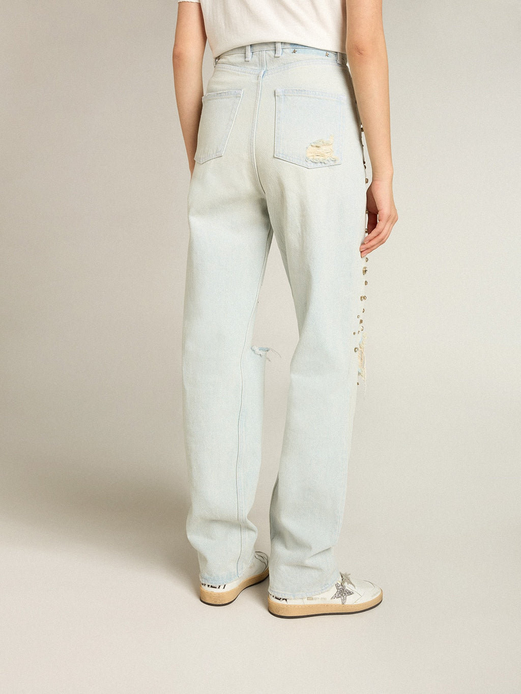 Women's bleached jeans with cabochon crystals| Golden Goose