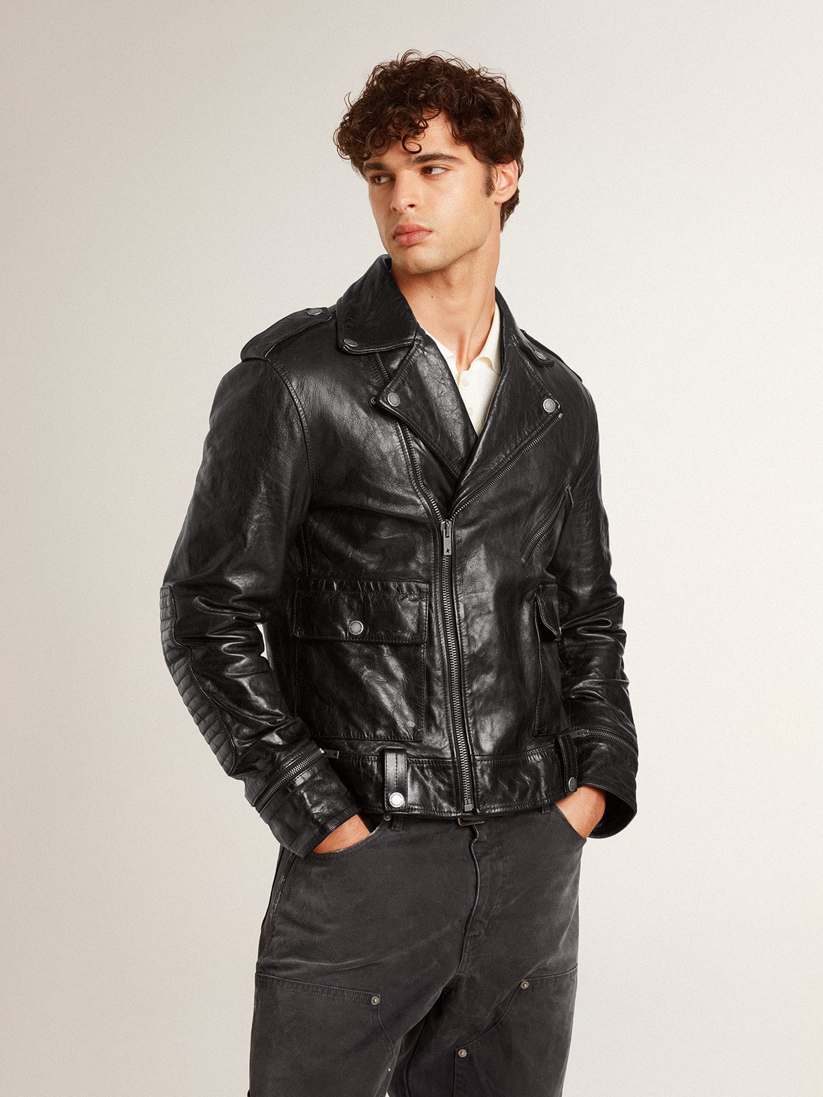 Men's black leather biker jacket with glossy effect| Golden Goose