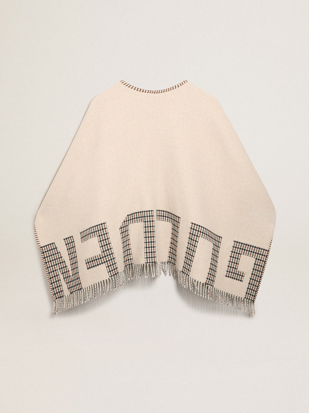 Poncho in double face cream-colored wool with check pattern and lettering| Golden Goose