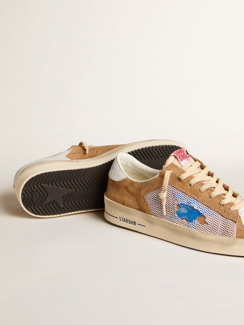 Stardan LTD in tobacco suede and mesh with blue star and leather heel tab| Golden Goose