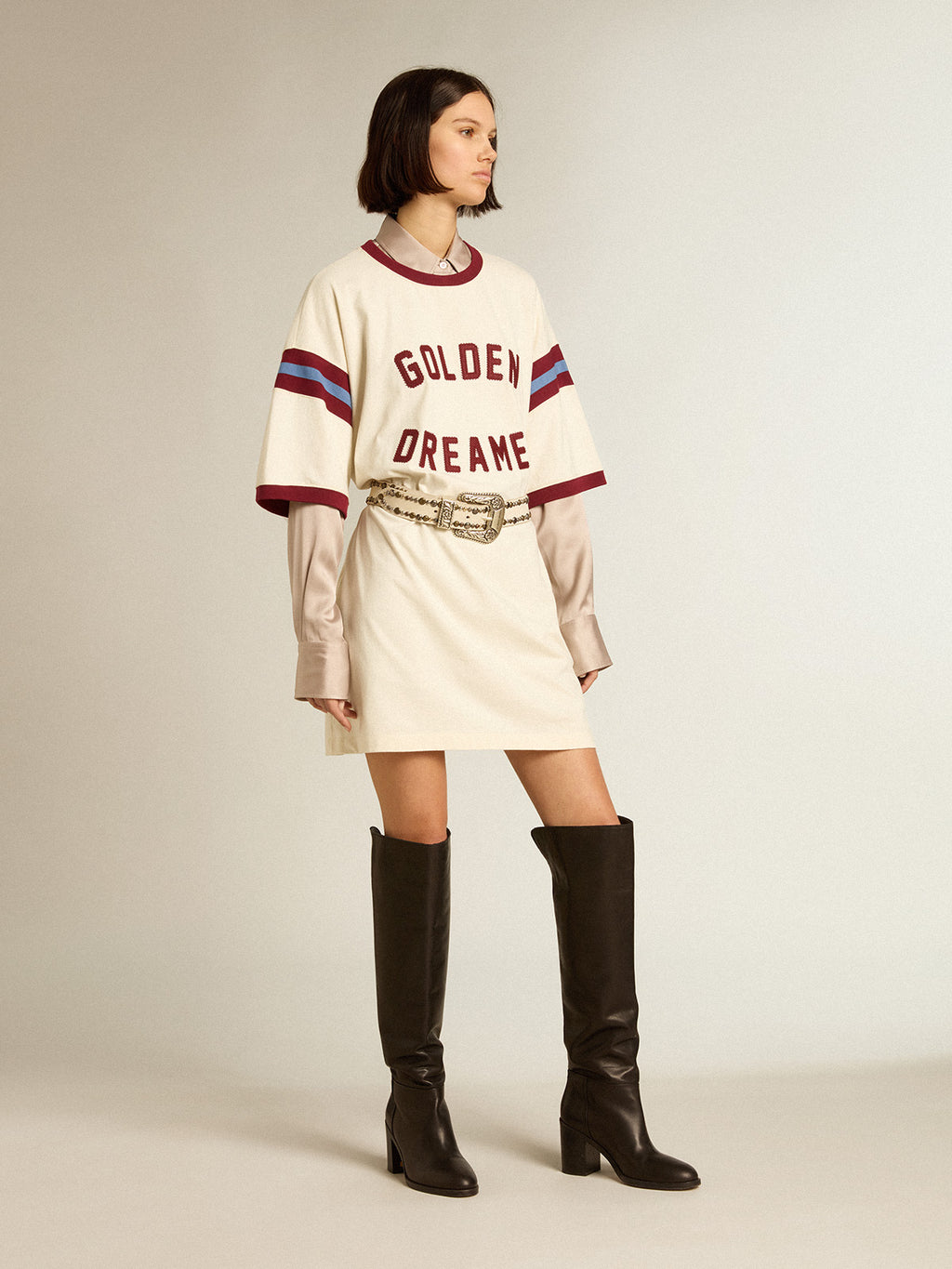 Women's white dress with burgundy lettering on the front| Golden Goose