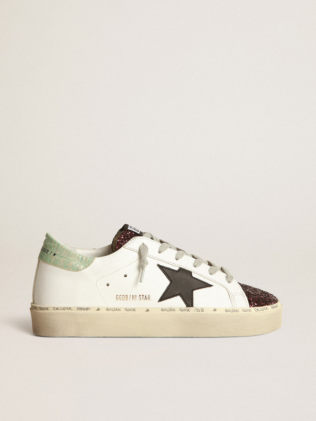 White Hi-Star sneakers with glittery insert and black star| Golden Goose