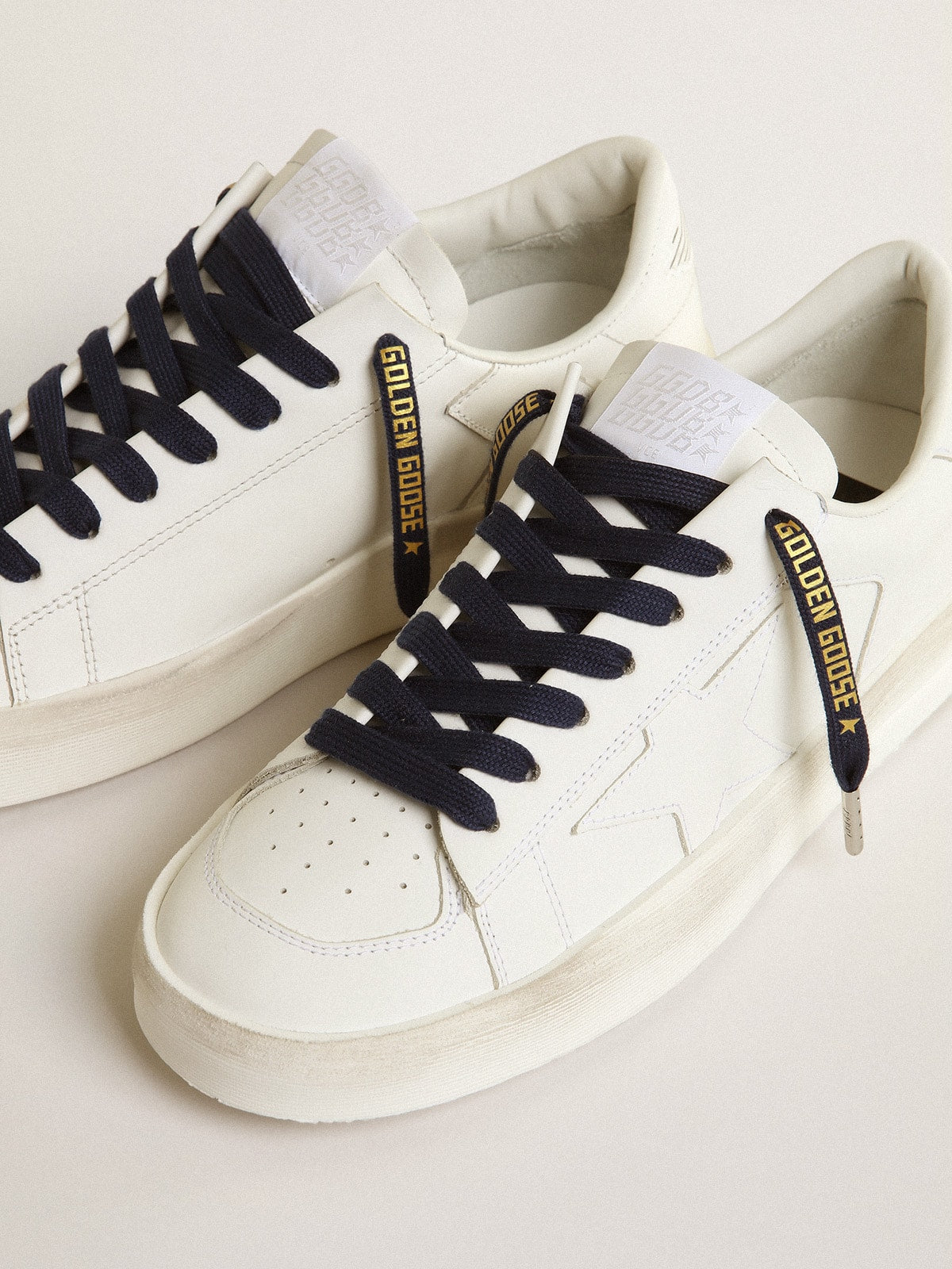 Navy blue cotton laces with contrasting gold logo| Golden Goose
