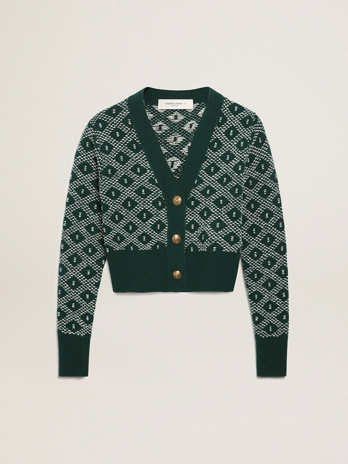 Women's cropped cardigan with green and white jacquard diamond pattern| Golden Goose